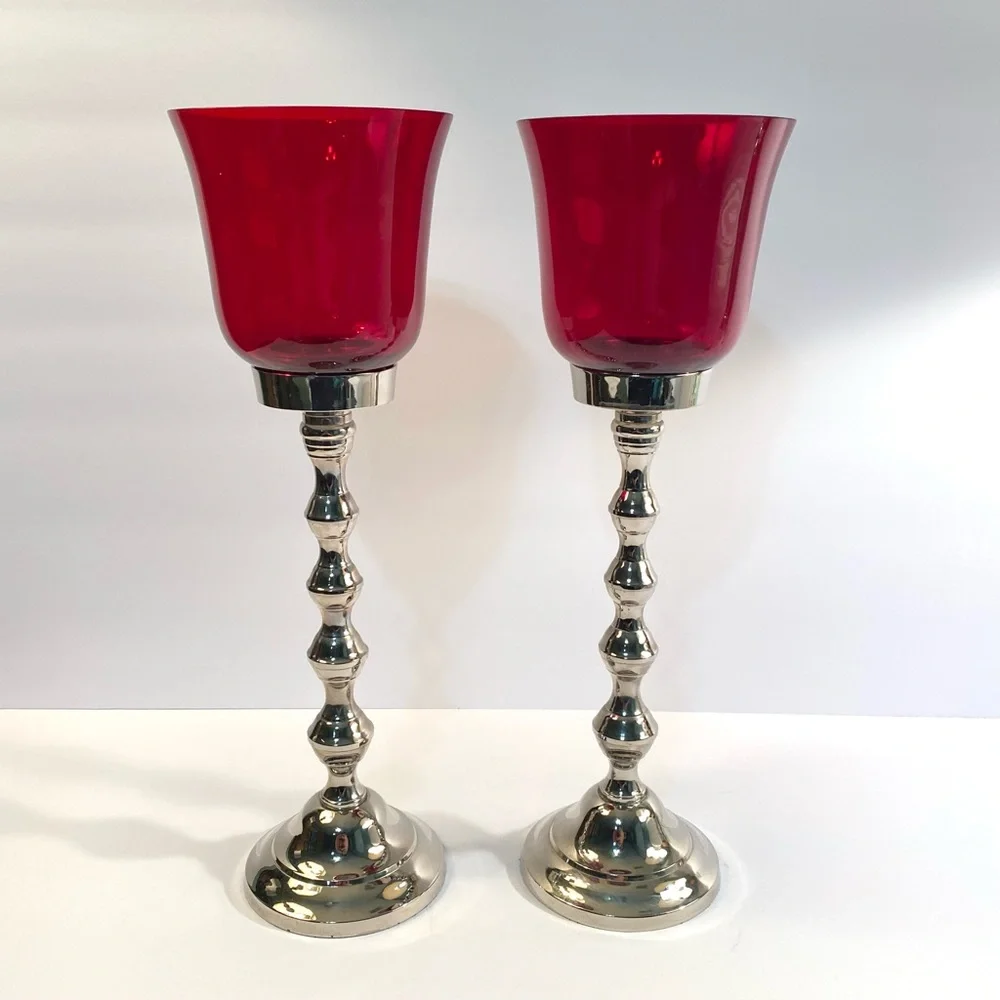 Z Gallerie Carmen 13” Red Glass & Silver Nickel Metal Votive Candleholders Set